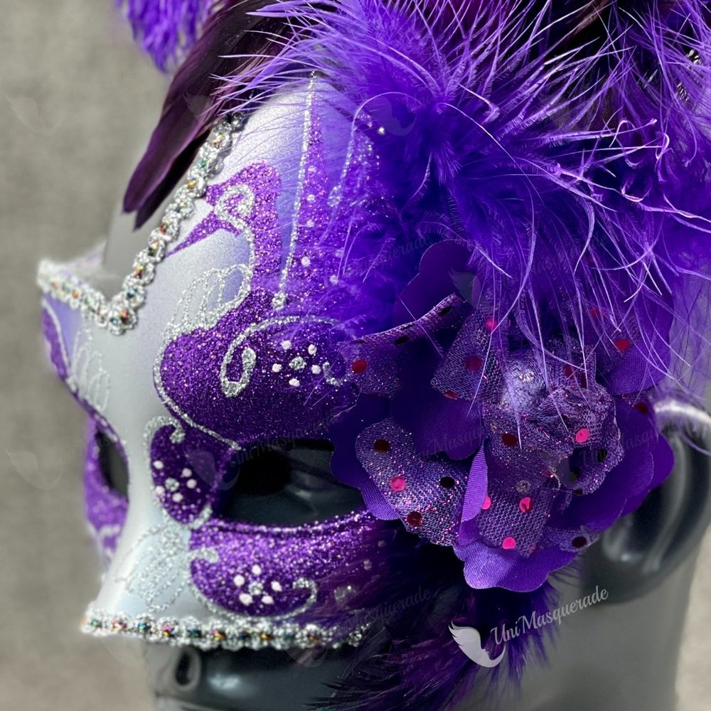 Swan Colombina Purple Side Feather Silver Masquerade Mask